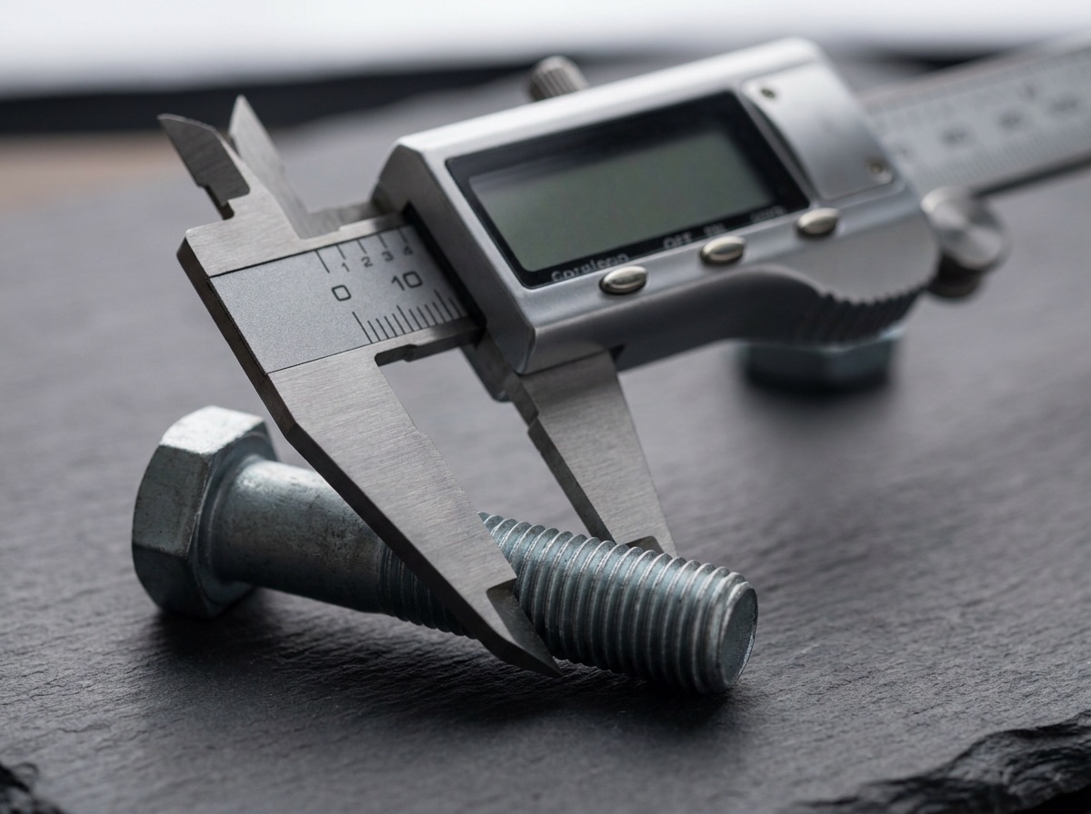 A caliper measuring a galvanised bolt